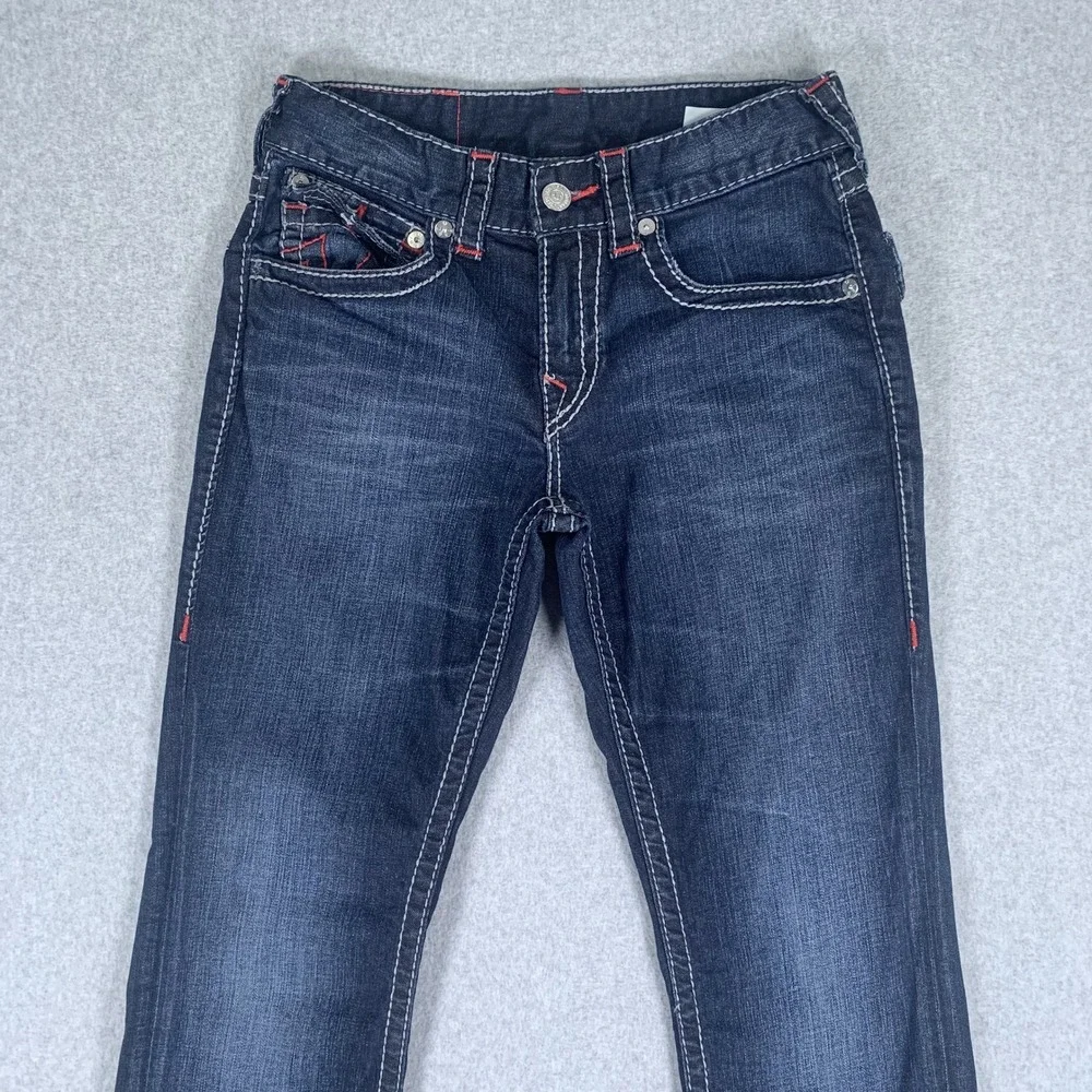 True Religion Straight Flap Jeans Mens 29 Dark Wash Big T Stitch